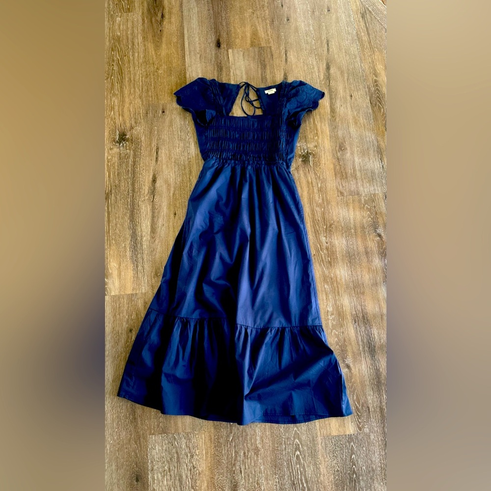 Jason Wu size small navy blue smoked eyelet lace square neck open back maxi